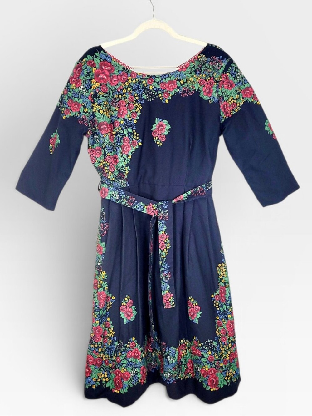 NWT PALAVA UK Beatrice Black Hungarian Flower Retro Belted Midi Dress US 10 - Picture 3 of 15